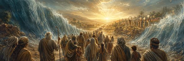Families cross a dry path through parted waters toward sunrise while musicians prepare a song on the far shore
